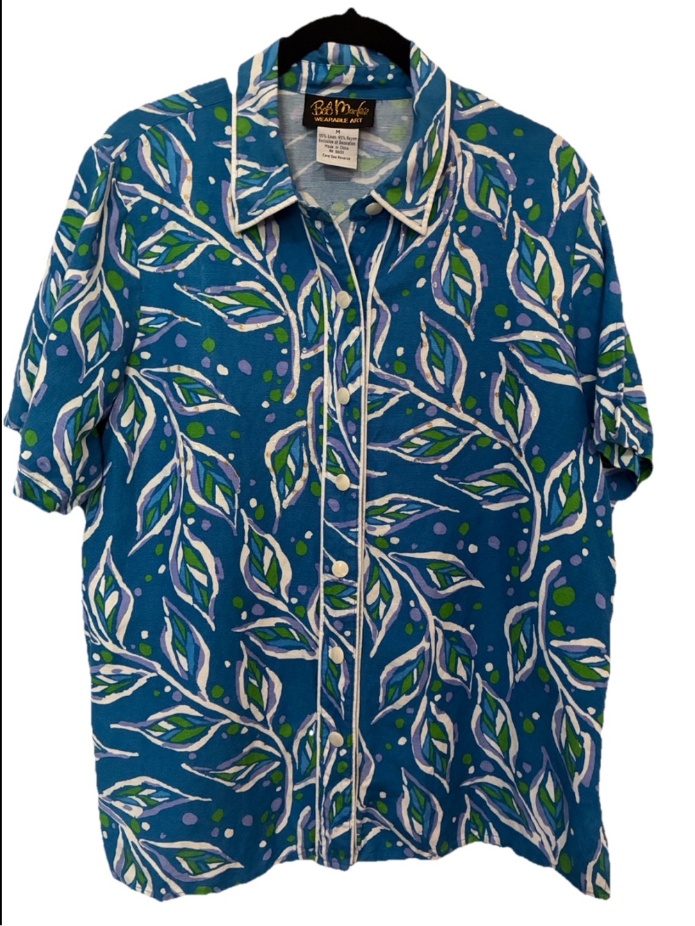 Bob Mackie Short Sleeve Button-Up Shirt - Blue & Green Leaf Print Vintage Size M
